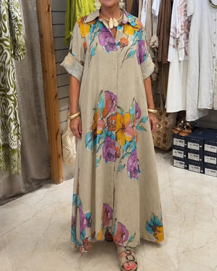 Robe Aquarelle Grande Florale Imprimé Revers Longue