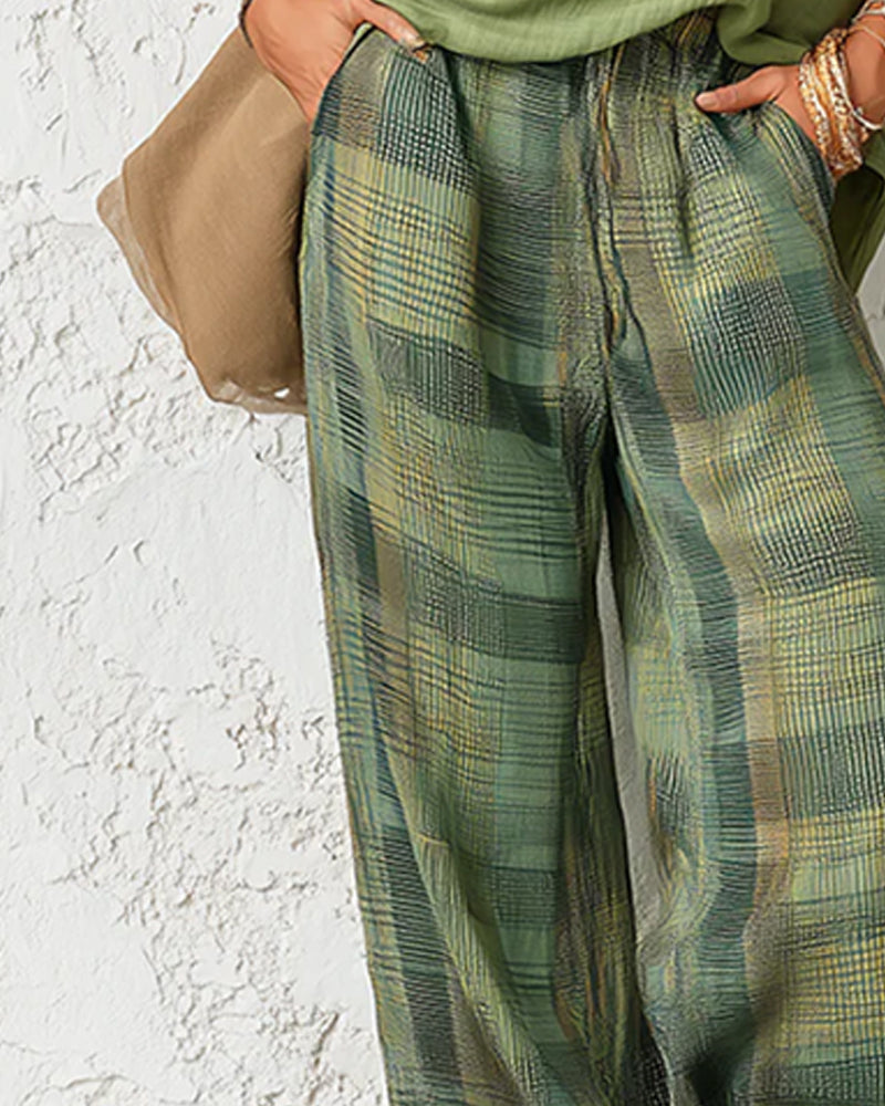 Ensemble Haut Sans Manches Carreau Jambe Large Pantalon
