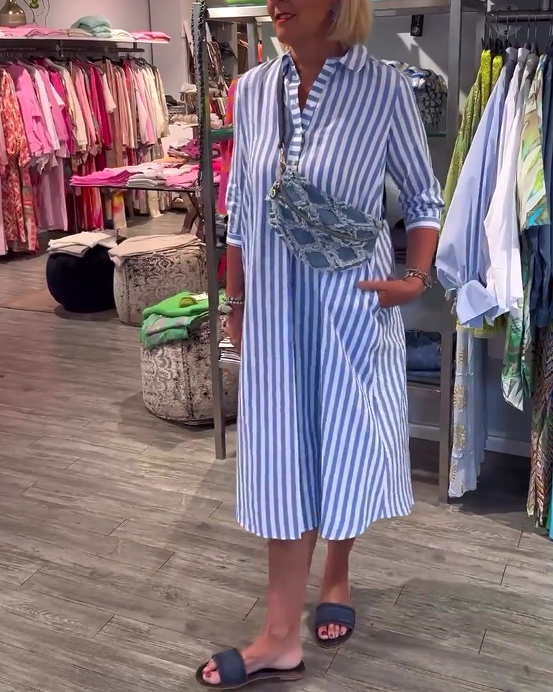 Robe boutonnée à revers et imprimé rayé