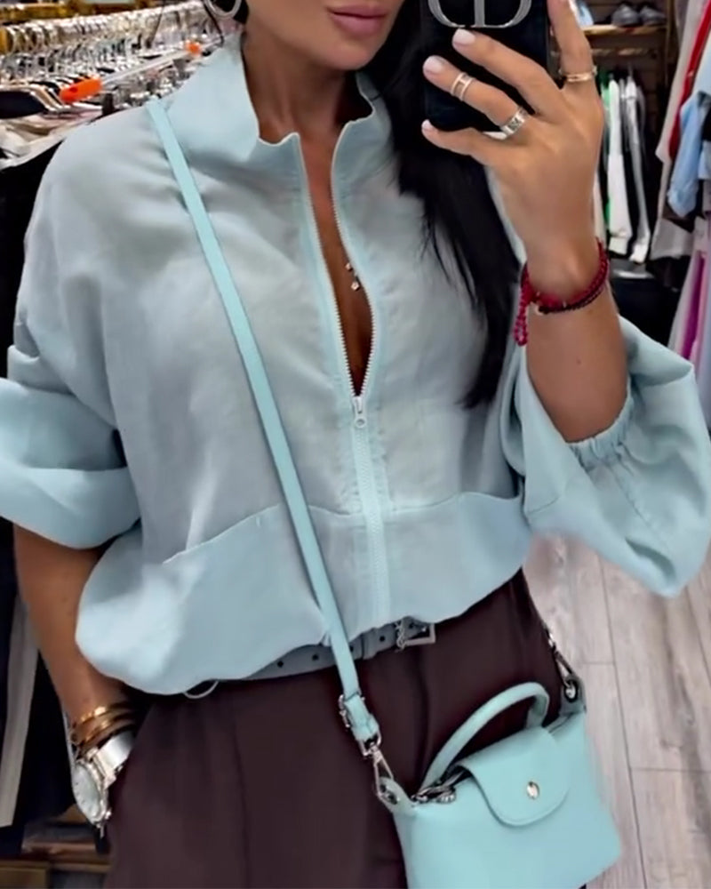 Manteau Unie Col Haut Fermeture Éclair