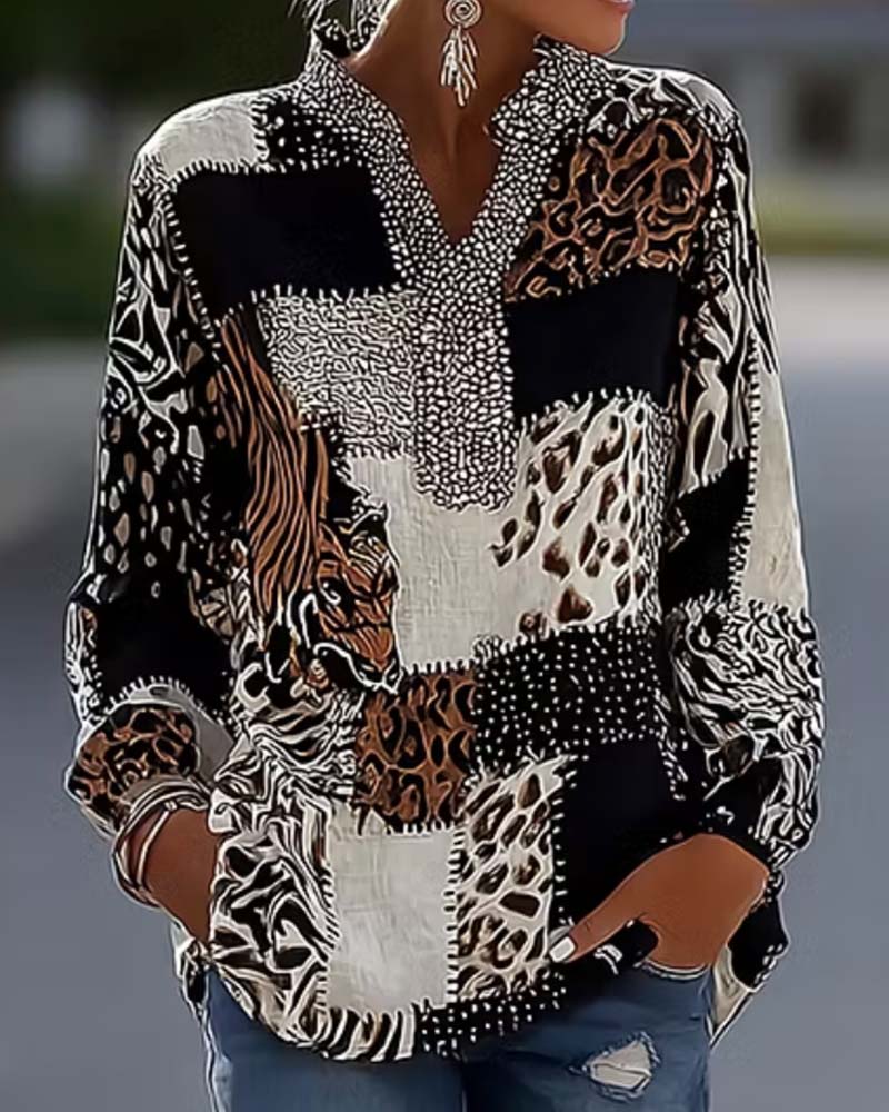 Blouse Col Mandarine Léopard Patchwork