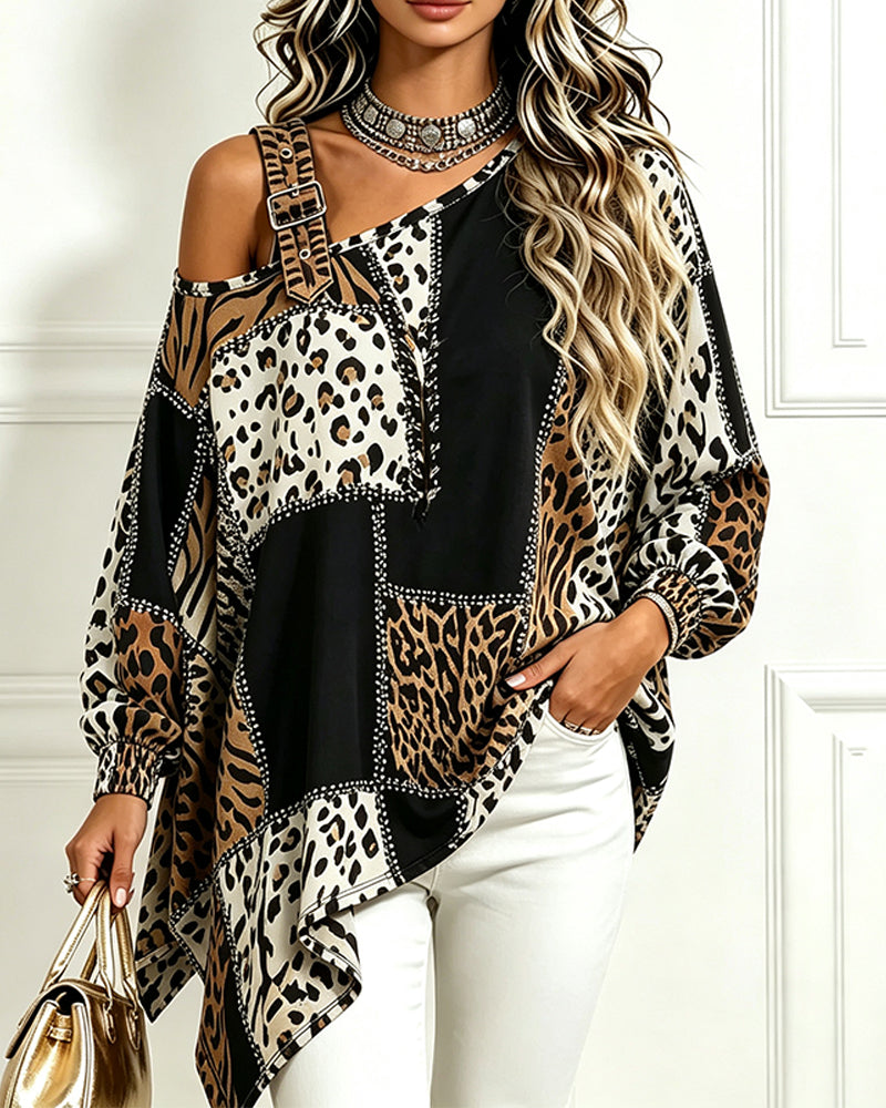 Blouse Léopard Imprimé Patchwork Col Asymétrique Manches Longues