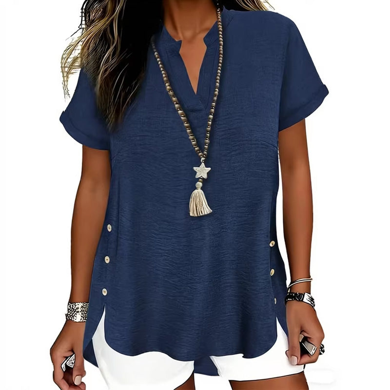 Blouse Unie Fente Latérale Manches Courtes