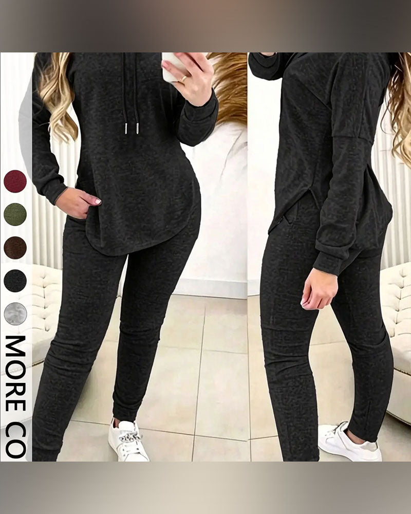Ensemble Deux Pièces À Capuche Ourlet Courbé Casual