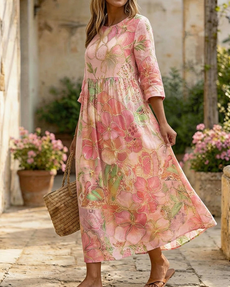 Robe Aquarelle Florale Manche Trois Quarts Jupe Ample Maxi
