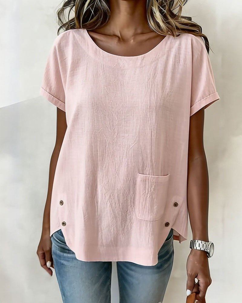 T-Shirt Coton Lin Bouton Détail Manche Courte