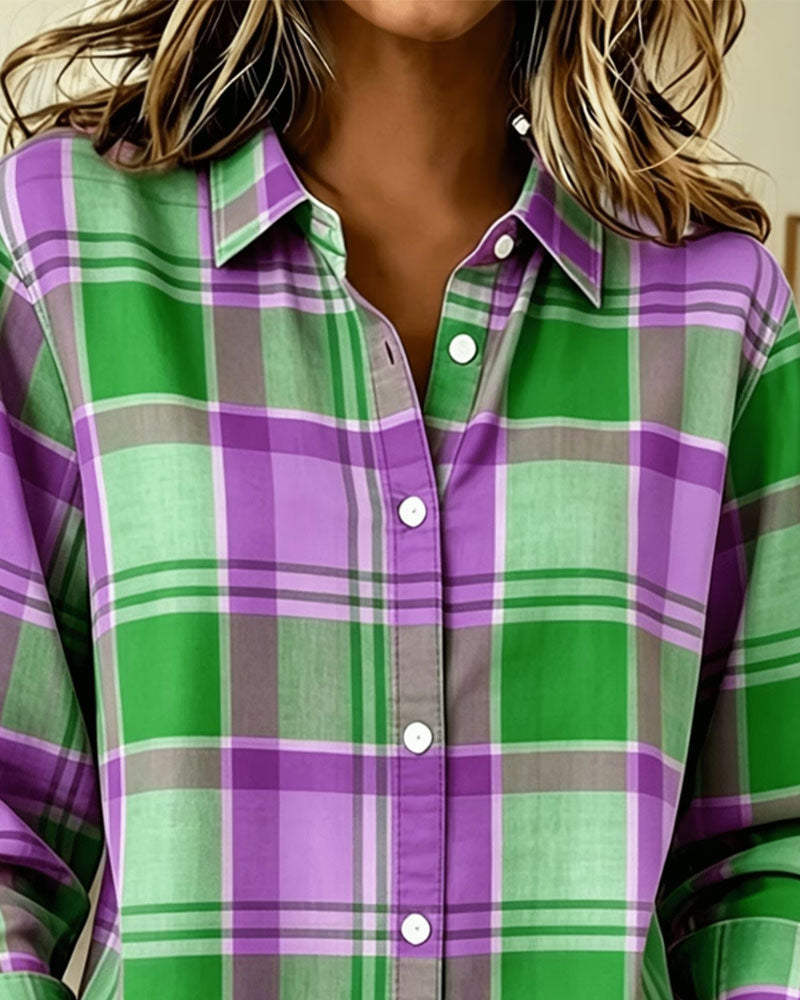 Chemise Carreau Revers Manche Longue Décontractée