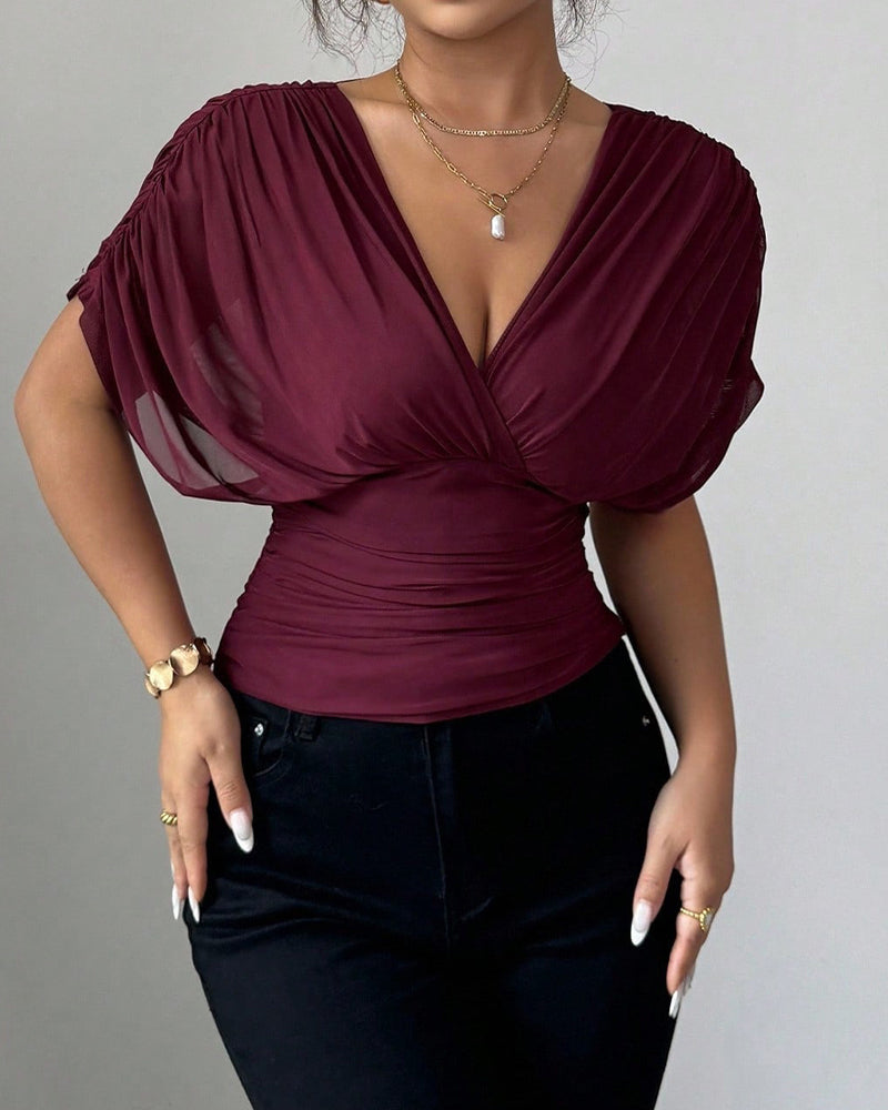 Blouse Unie Profond Col En V Taille Manches Courtes