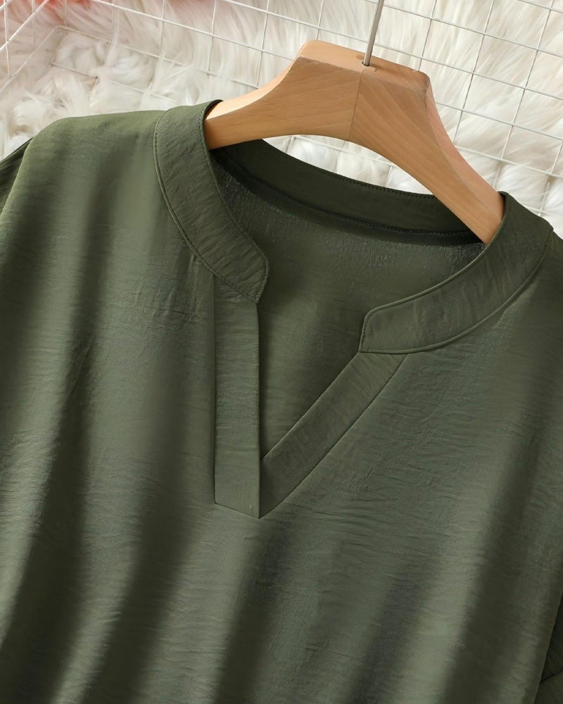 Blouse Col En V Irrégulière Unie Manches Longues