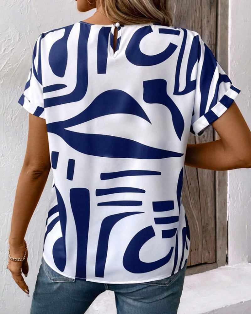 T-Shirt Col Rond Manche Courte Imprimé Géométrique