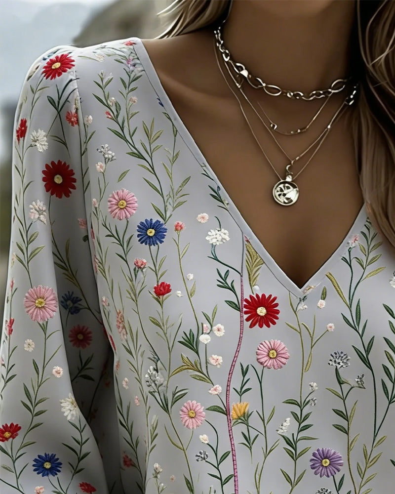 Blouse Imprimé Fleuri Manche Bouffante Col V