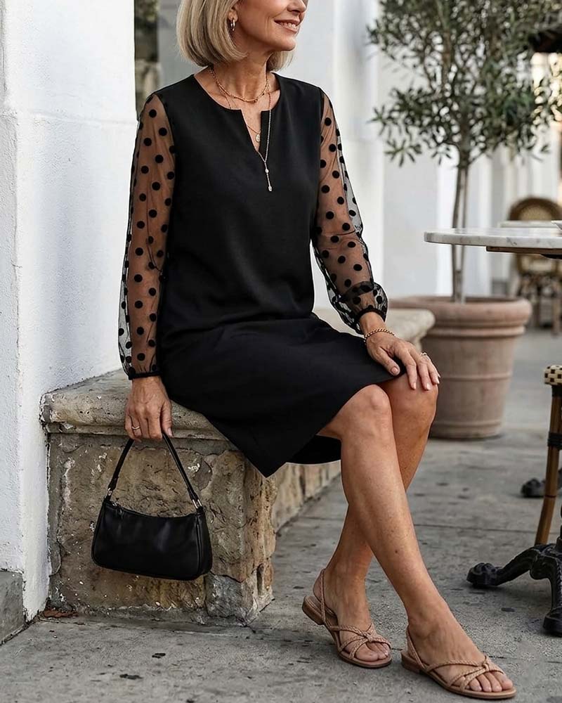 Robe Polka Dot Mesh Droit Mi-Cuisse