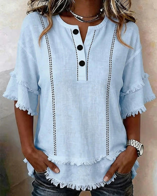 Blouse Col V Volant Couche Demi Patte Bouton