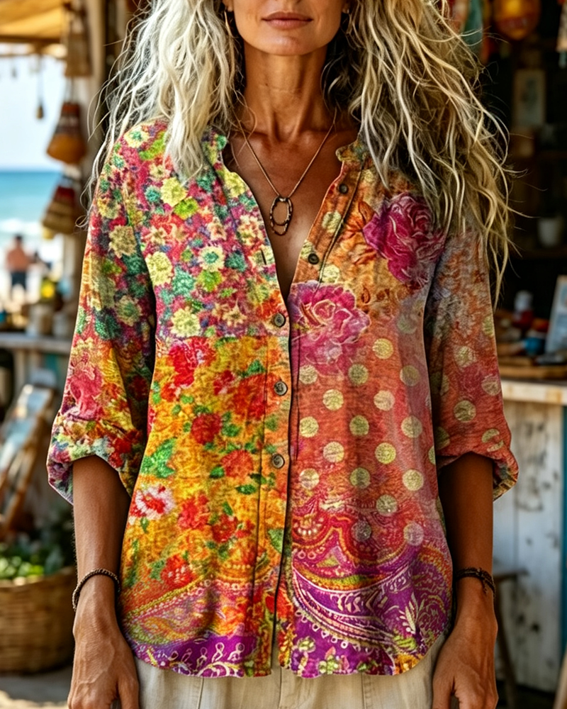 Chemise Vintage Fleurie Imprimé Pois Manches Longues