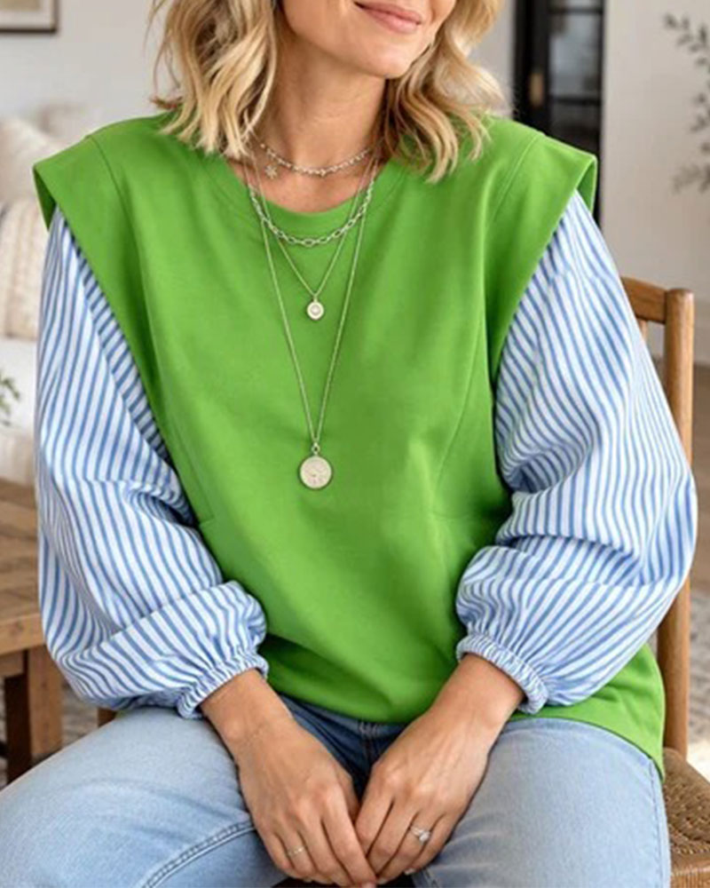 Sweatshirt Rayé Manche Longue Patchwork