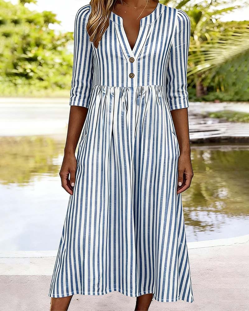 Robe Bleu Blanc Rayé Manche Trois-Quarts