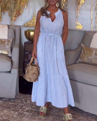 Robe sans manches à cordon de serrage et imprimé rayé