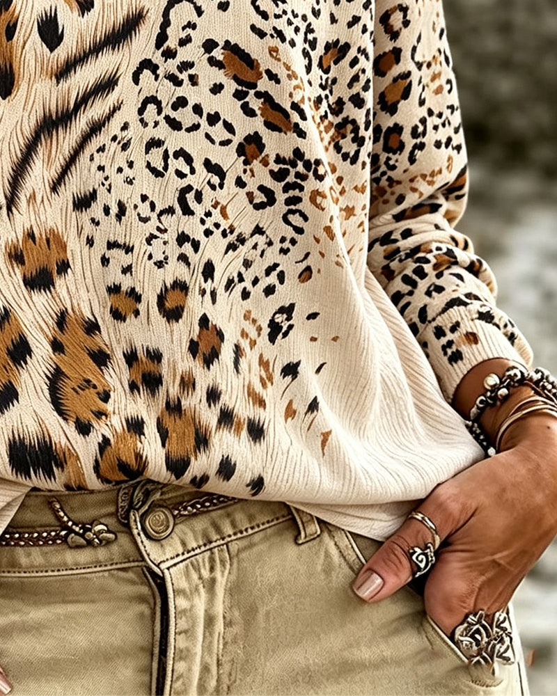 Blouse Col Rond Léopard Manche Longue