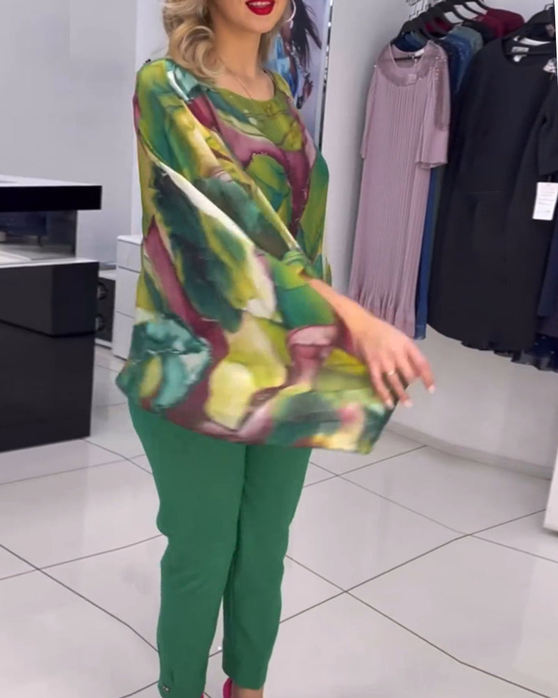 Blouse imprimée à col rond et manches chauve-souris