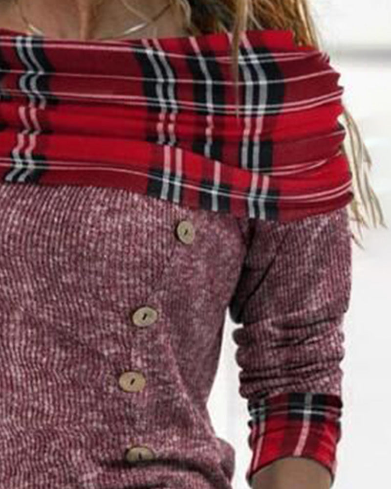 Haut Épaules Dénudées Col Drapé Manche Longue Plaid Contraste
