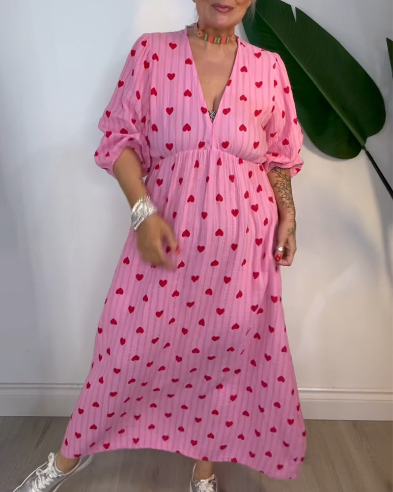 Robe Élégante Col En V Imprimé Cœur