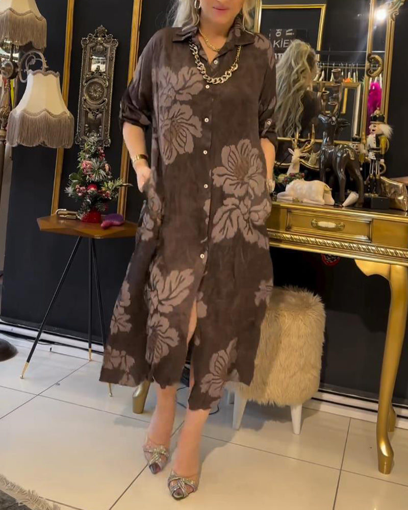 Robe boutonnée à revers imprimé vintage