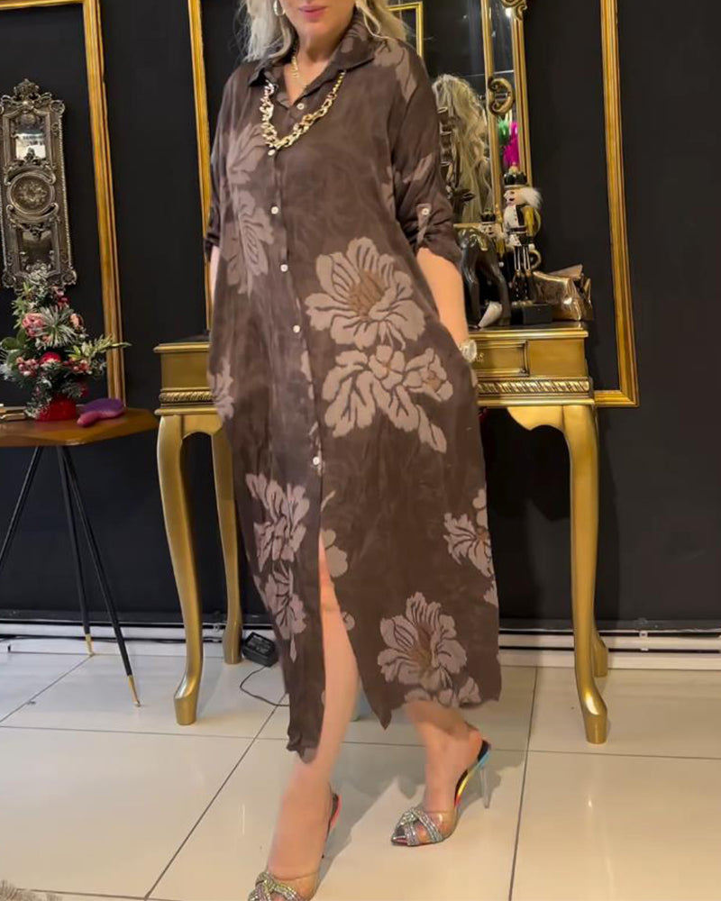 Robe boutonnée à revers imprimé vintage