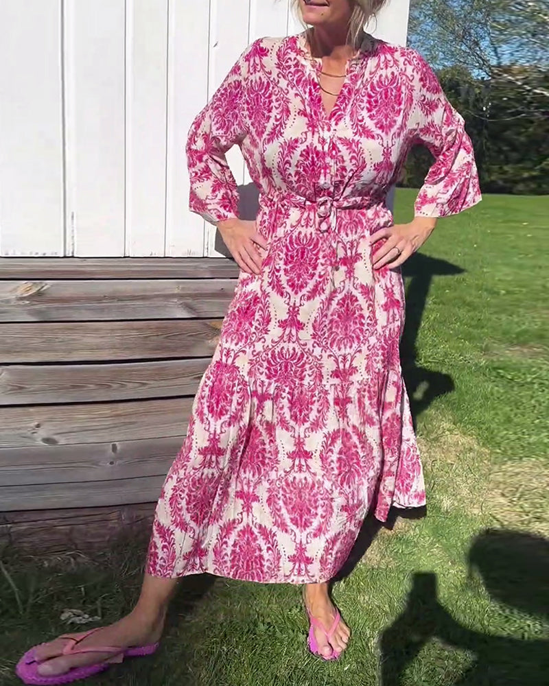 Robe imprimée à cordon de serrage et manches cloche