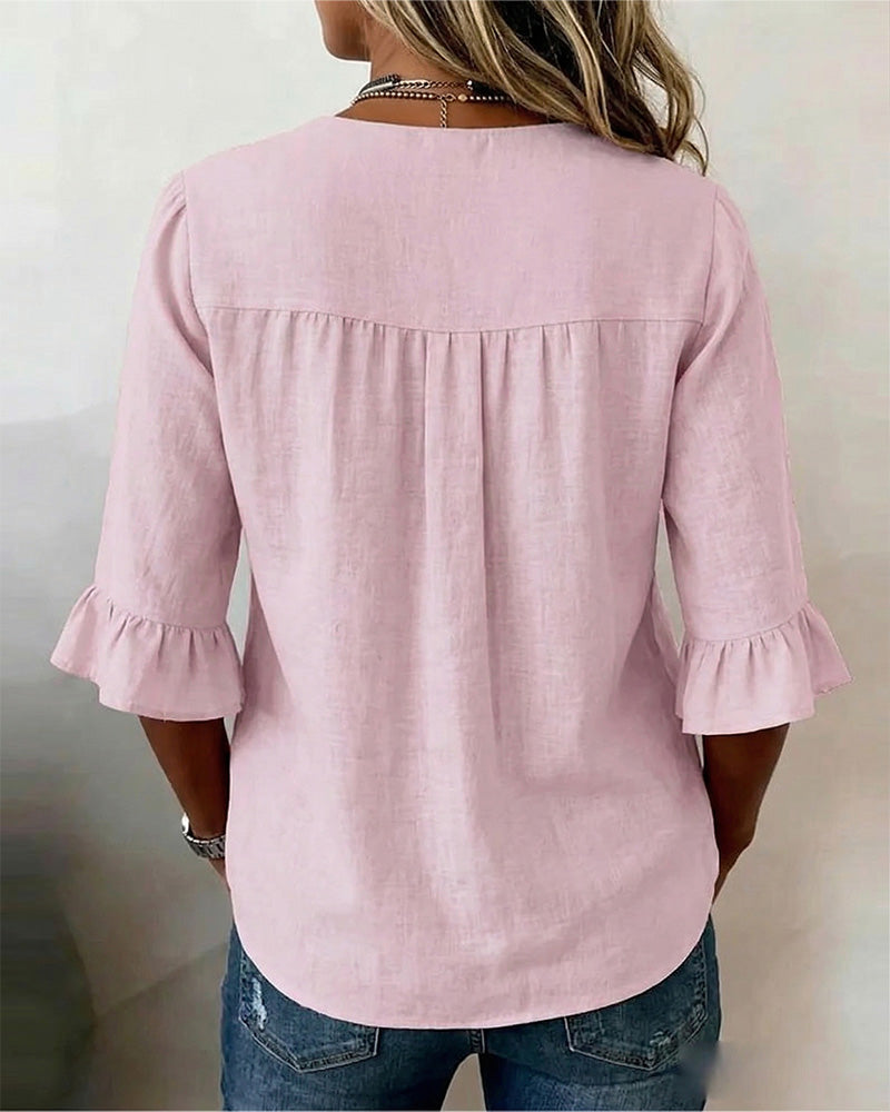 Blouses Unies Coton-Lin Boutons En Bois Volants