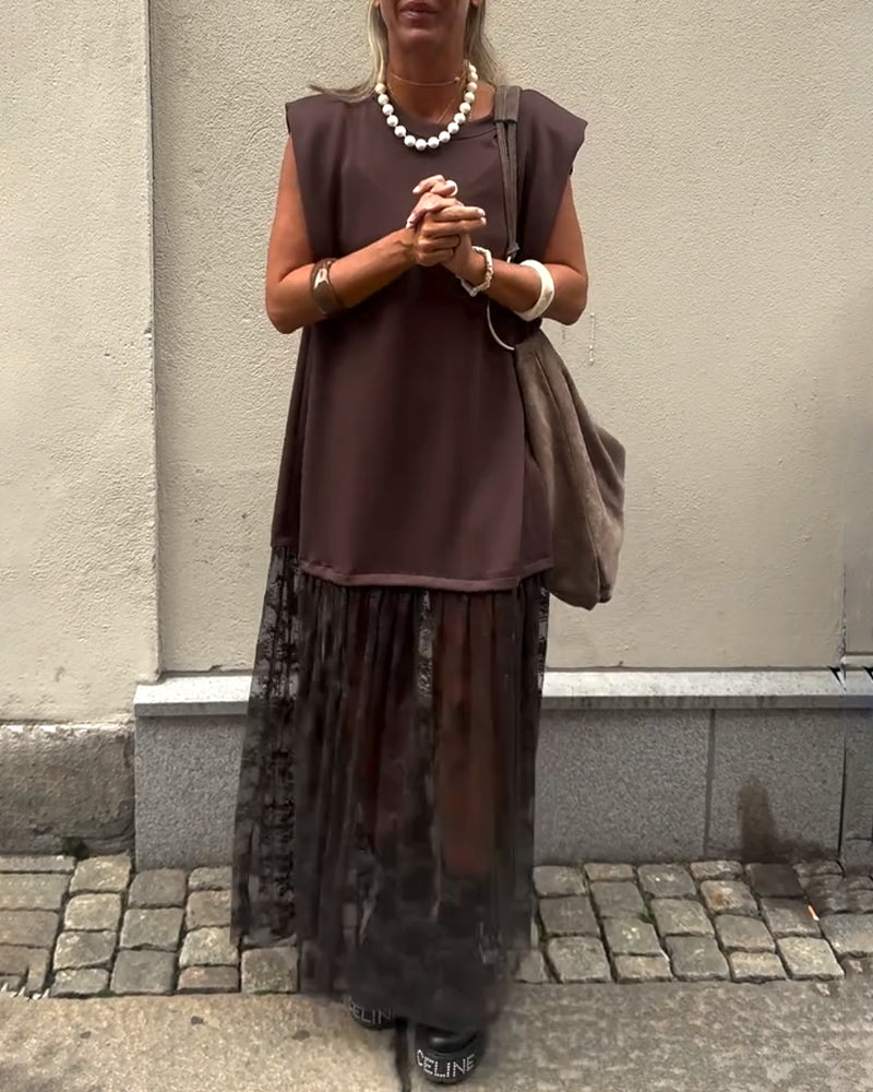 Robe sans Manches en Mesh et Patchwork