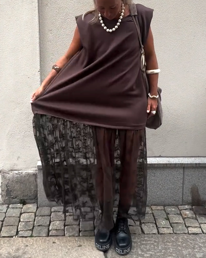 Robe sans Manches en Mesh et Patchwork