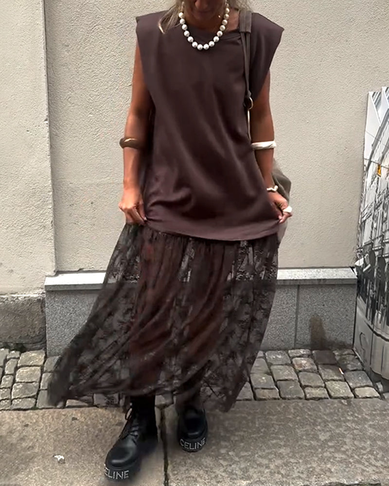 Robe sans Manches en Mesh et Patchwork