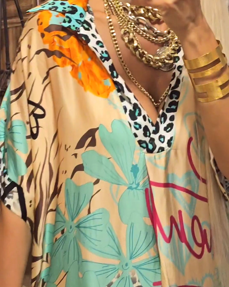 Robe décontractée en V profond à imprimé léopard et coloré