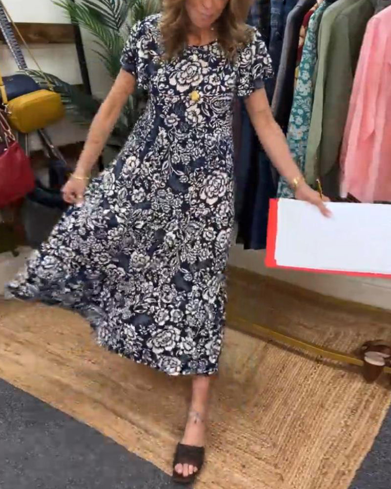 Robe longue à manches courtes imprimée de fleurs