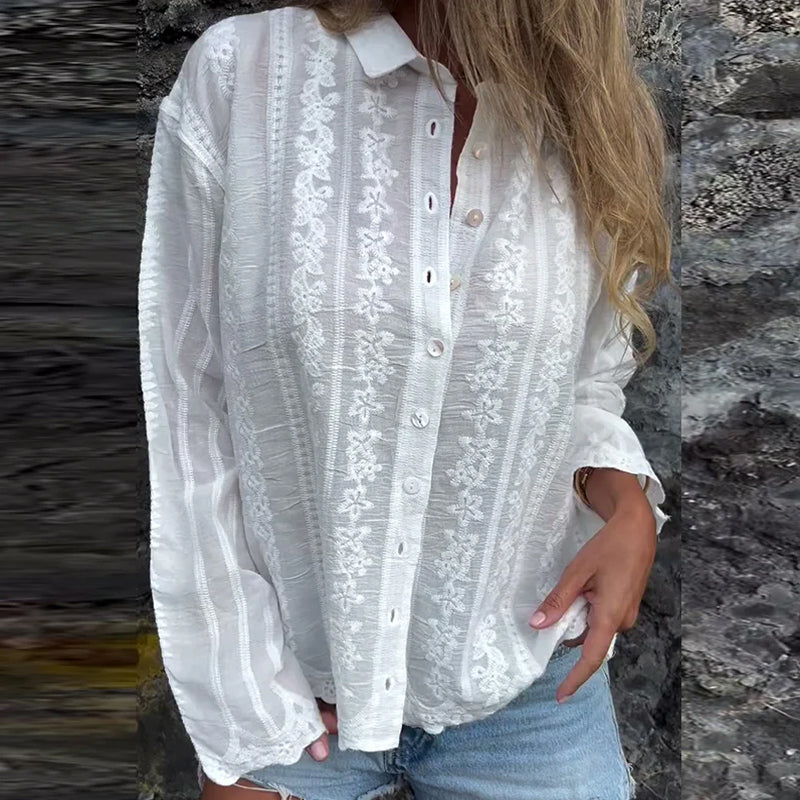 Chemise Brodée Creuse Col Polo Décontractée