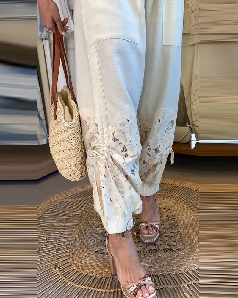 Pants Unie Dentelle Patchwork Froncé Long