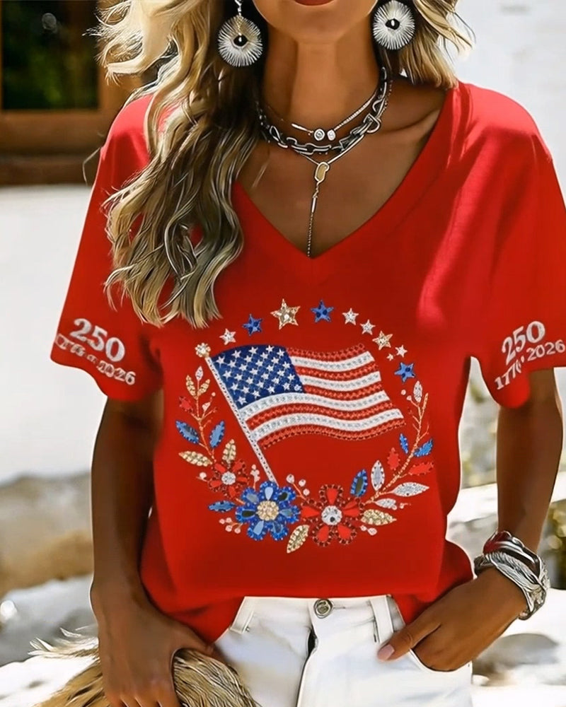 T-Shirt Col V Lettre Floral Manche Courte
