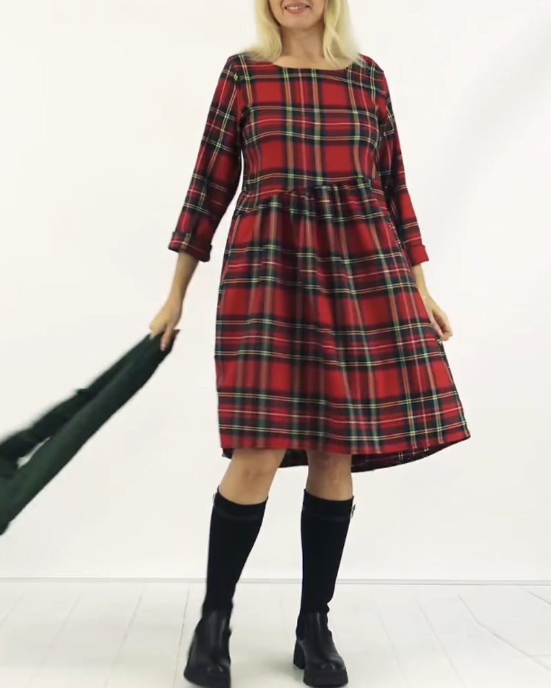 Robe décontractée à carreaux et col rond