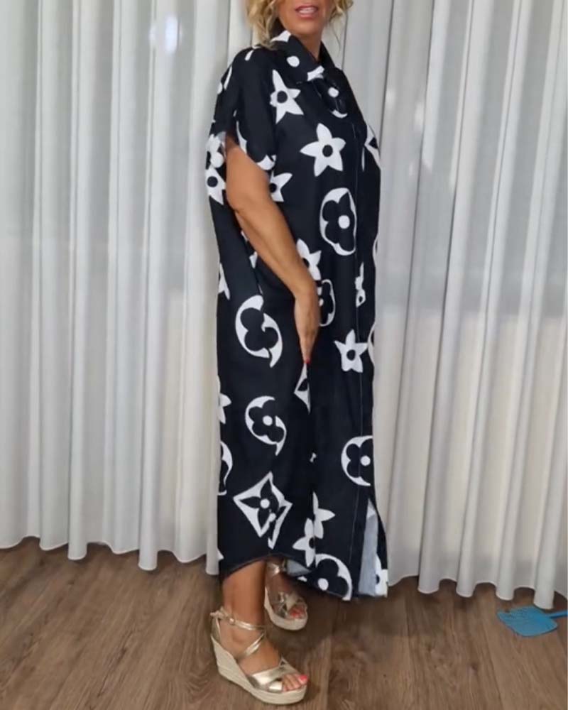 Robe décontractée avec boutons à revers et imprimé contrasté