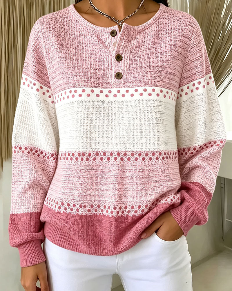 Sweatshirt Bloc De Couleur Tricot Gaufré Henley Pullover