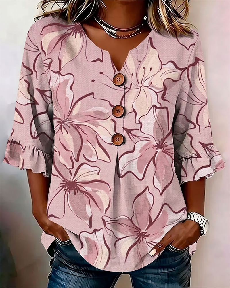 Blouse Col En V Fleuri Volant Manche 3/4