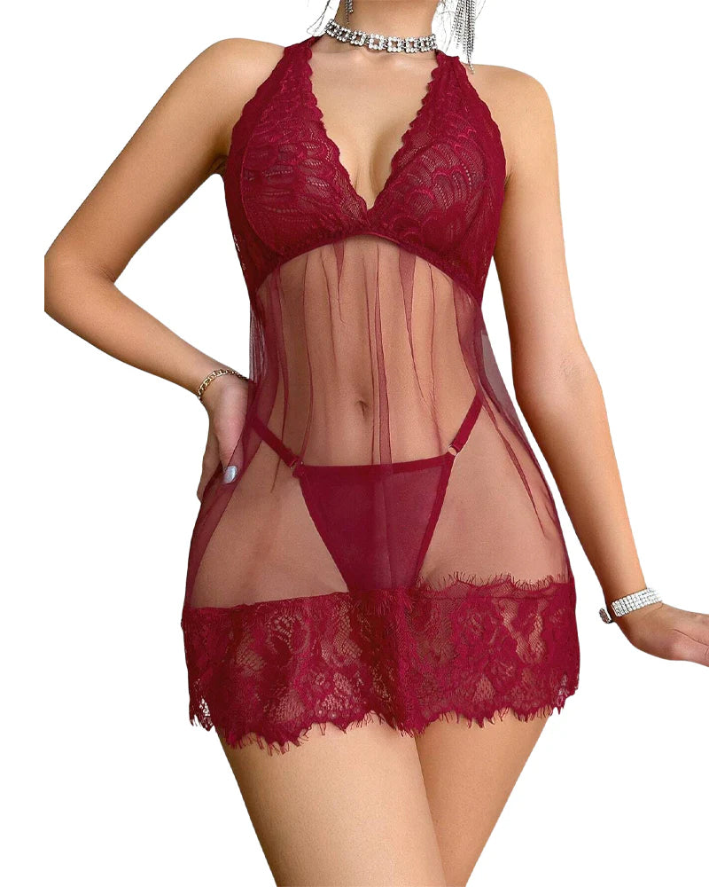 Dentelle Florale Halter Babydoll Robe De Lingerie Avec String