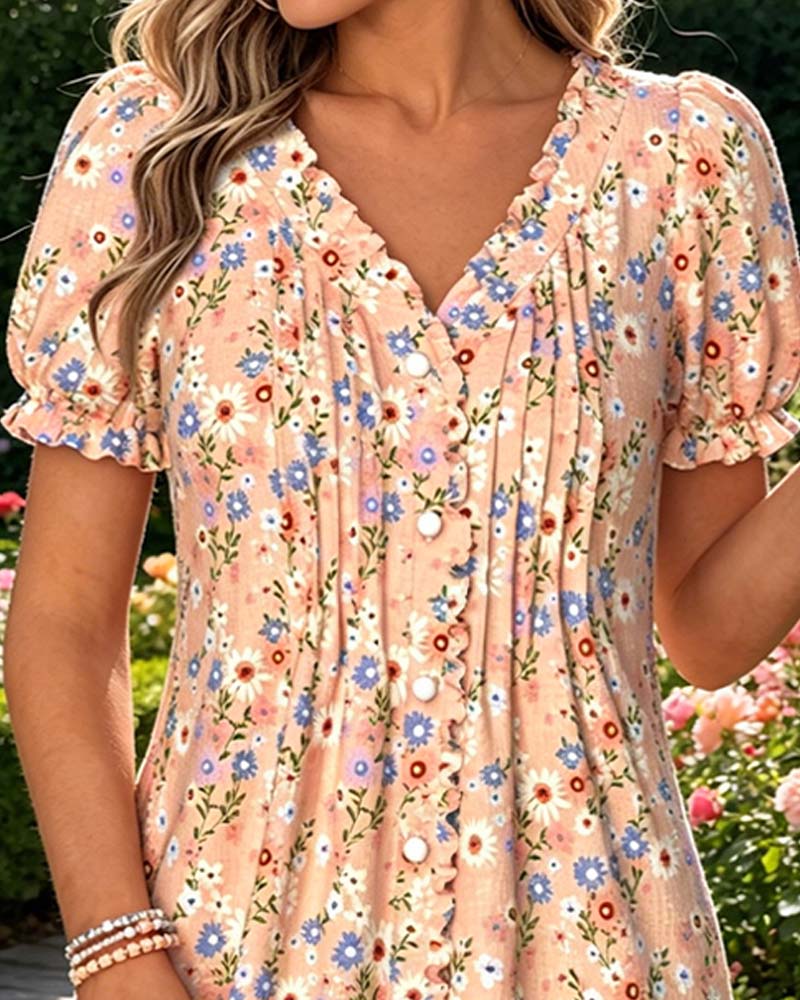 Robe Florale Col V Manche Bouffante Froncée