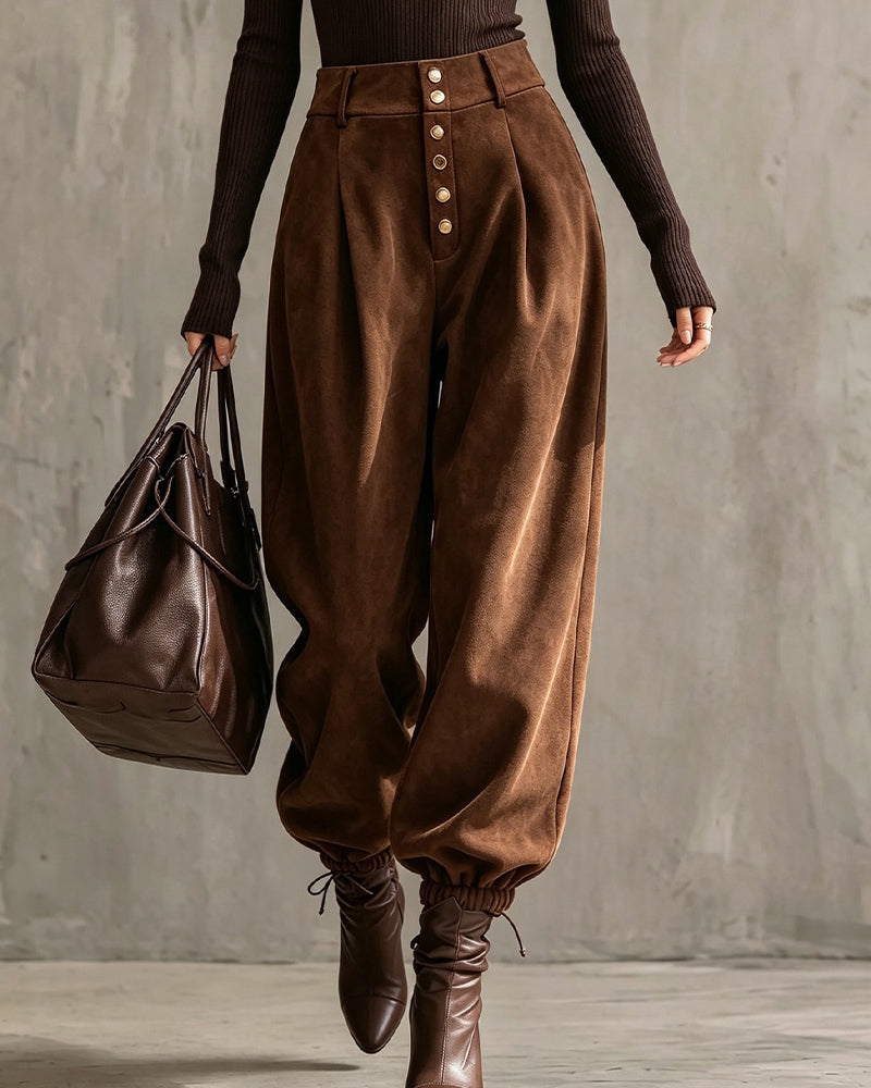 Pantalon Taille Haute Multi-Bouton Poignet Harem