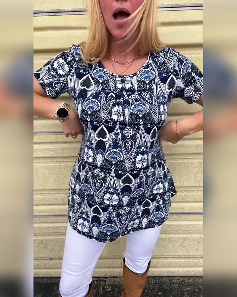 T-shirt décontracté rétro col rond imprimé