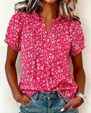 Blouse Col En V Bouton Imprimé Floral