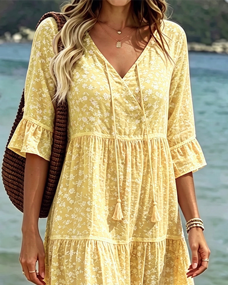 Robe Attacher Col En V Volant Fleuri Ligne A