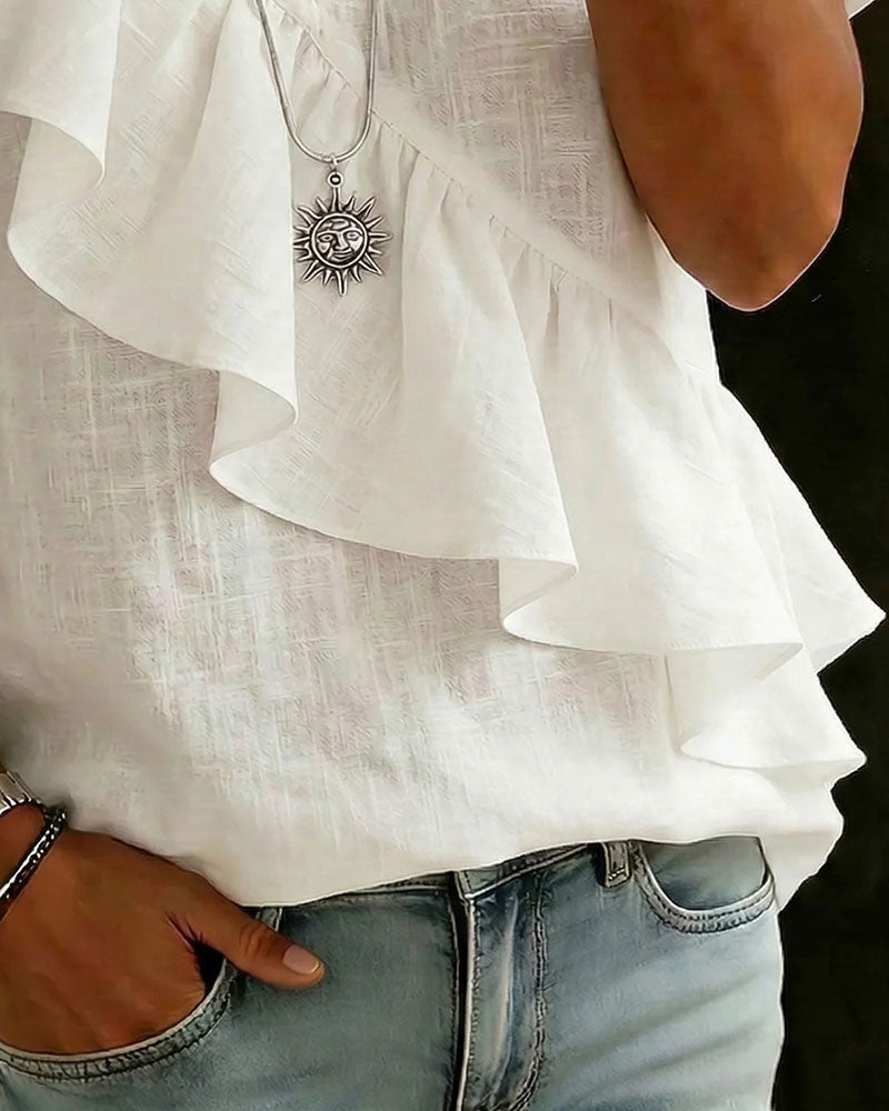 Blouse Col V Manches Courtes Volantée