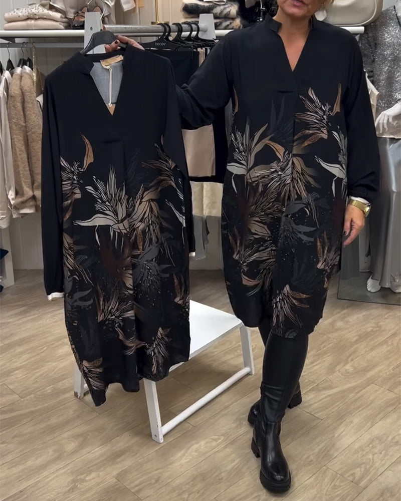 Robe Col V Imprimé Feuilles Manches Longues