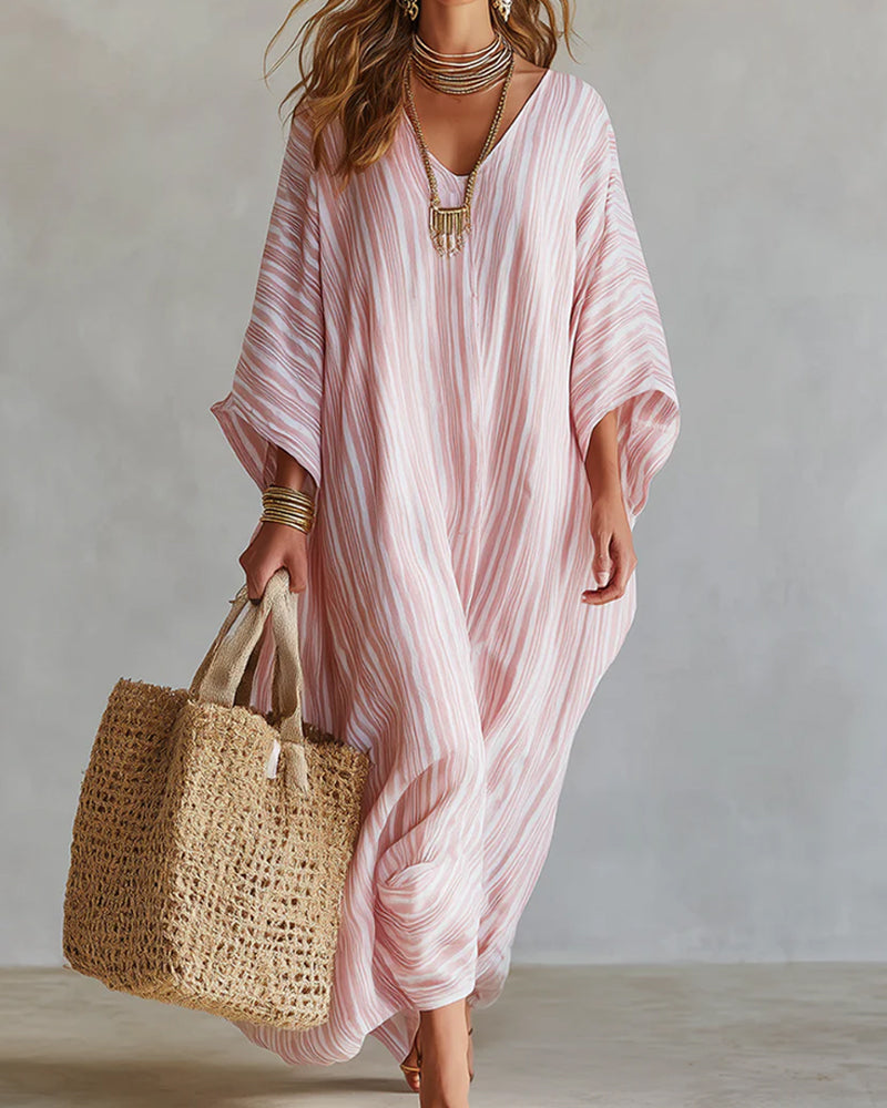 Robe Col V Rayée Décontractée